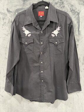 Plains Western Wear Shirt Adult XL Black White Embroidered Pearl Snap Cowboy